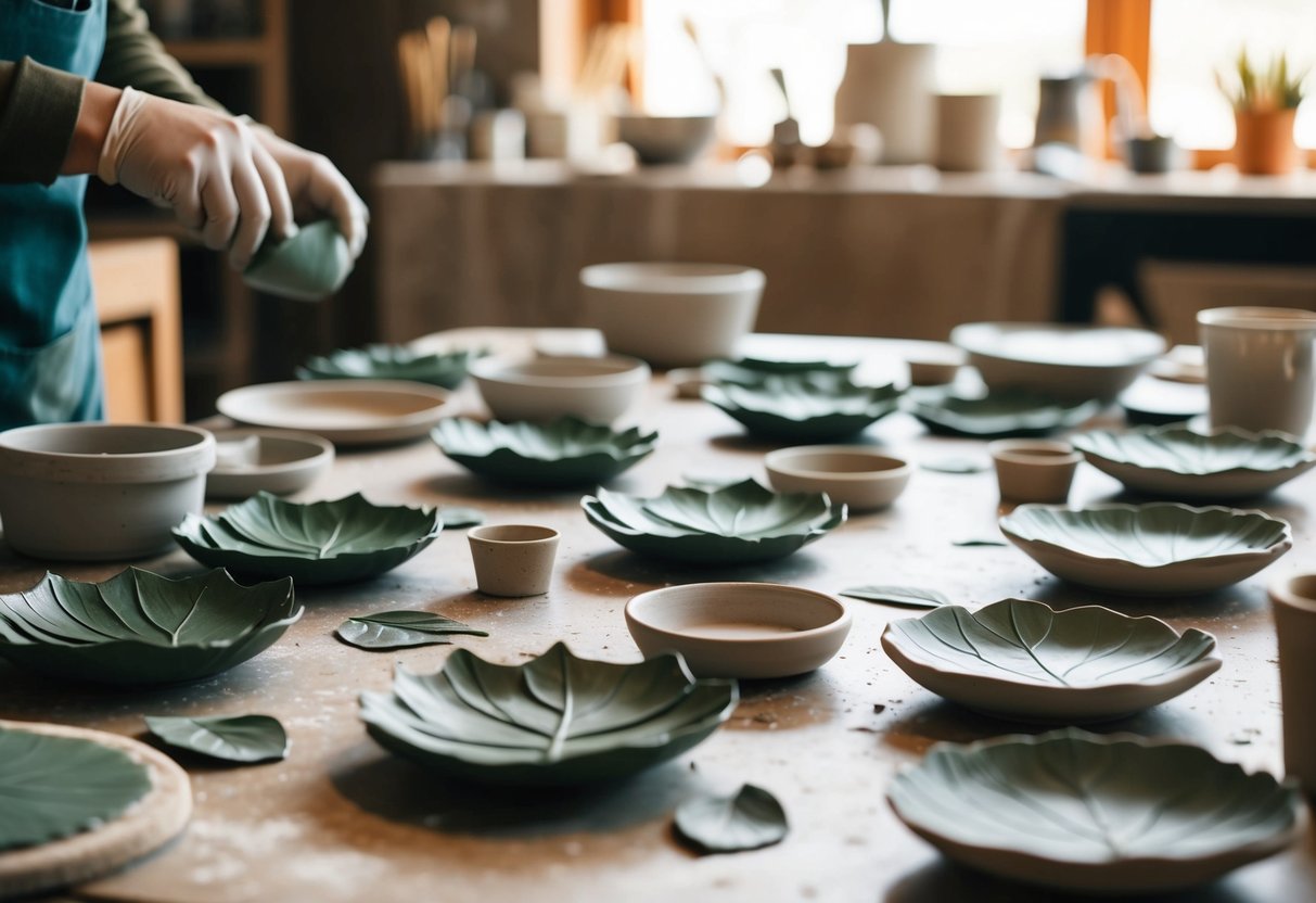 A table scattered with clay leaf dishes in various stages of creation, surrounded by tools and materials