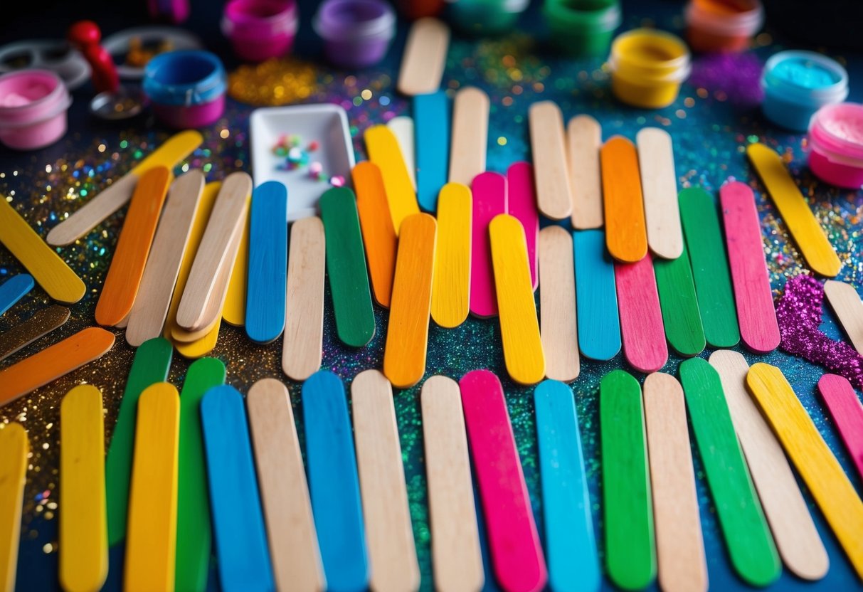 A colorful array of popsicle stick puppets in various shapes and sizes, surrounded by paint, glitter, and other crafting materials