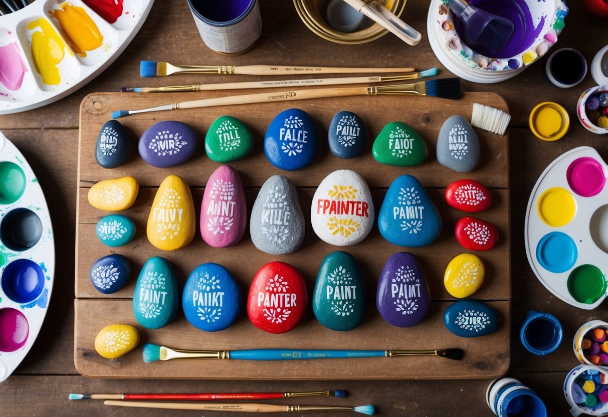 A family of painted rocks arranged on a wooden table, surrounded by paintbrushes, colorful paint palettes, and various crafting supplies