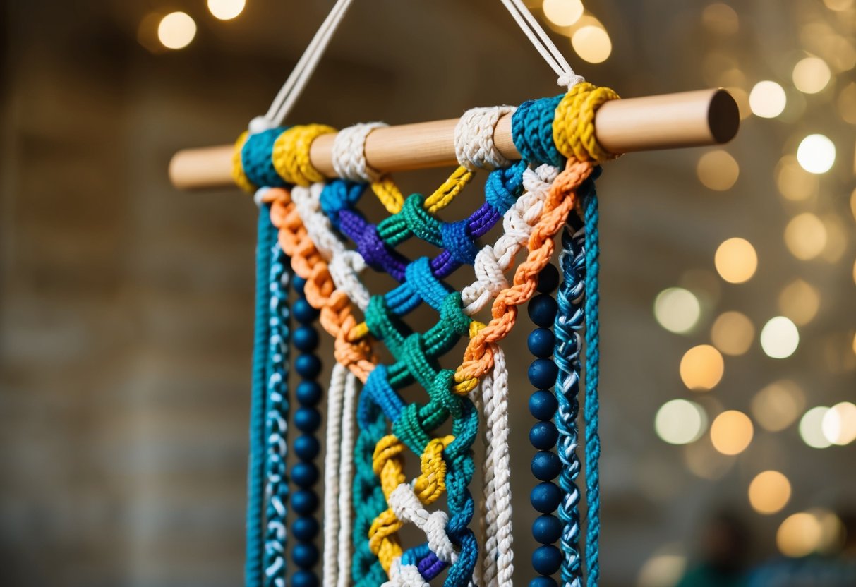 A colorful macrame wall hanging suspended from a wooden dowel, featuring intricate knots and patterns, with various textures and materials woven together