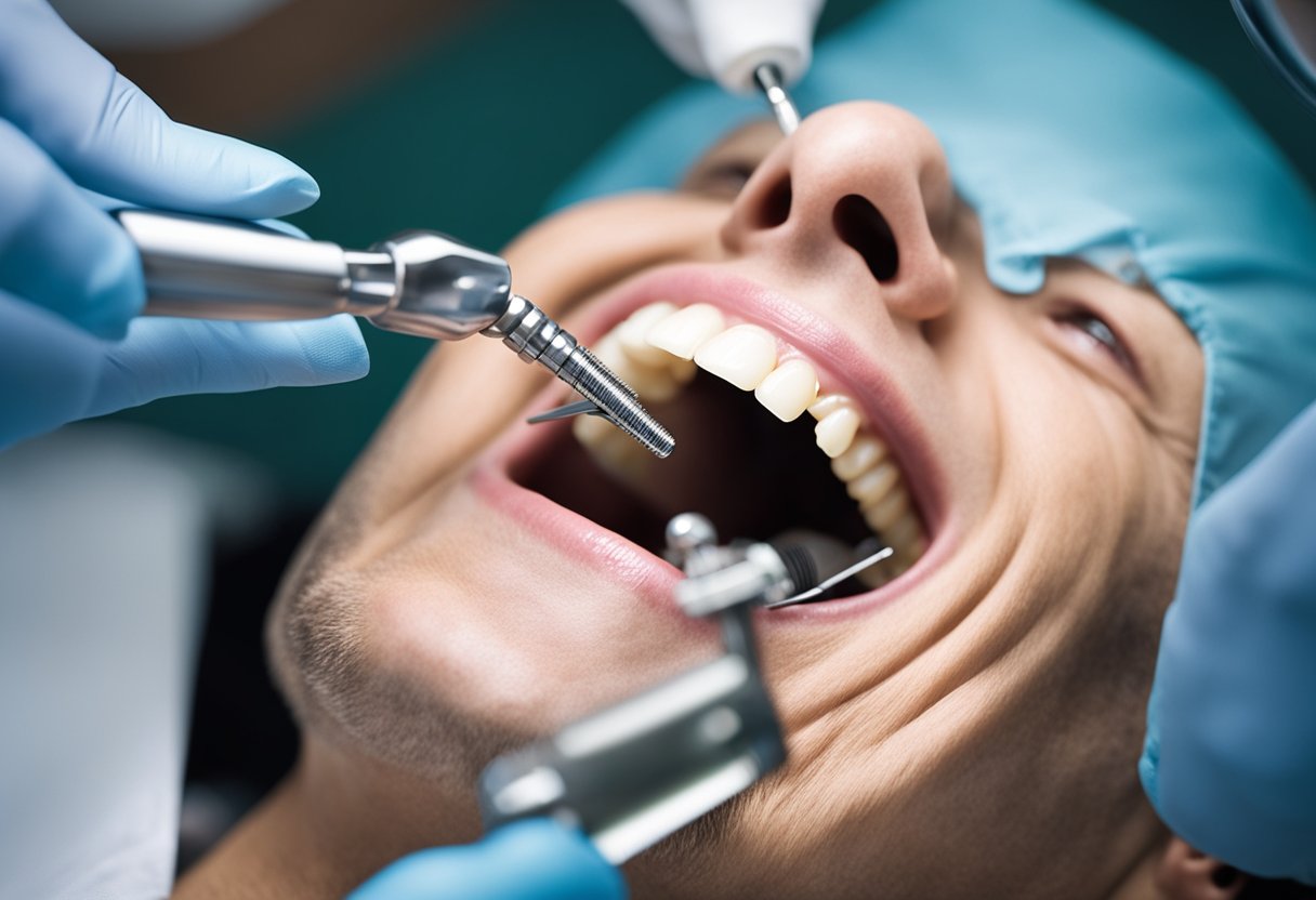 A dental implant being placed in a patient's mouth by a dentist, with various tools and equipment surrounding the procedure