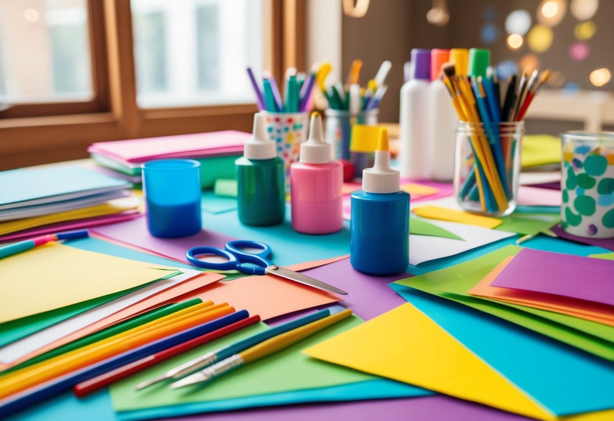 A colorful table filled with various craft supplies like paper, markers, glue, scissors, and paintbrushes. A mix of finished and half-finished crafts are scattered around