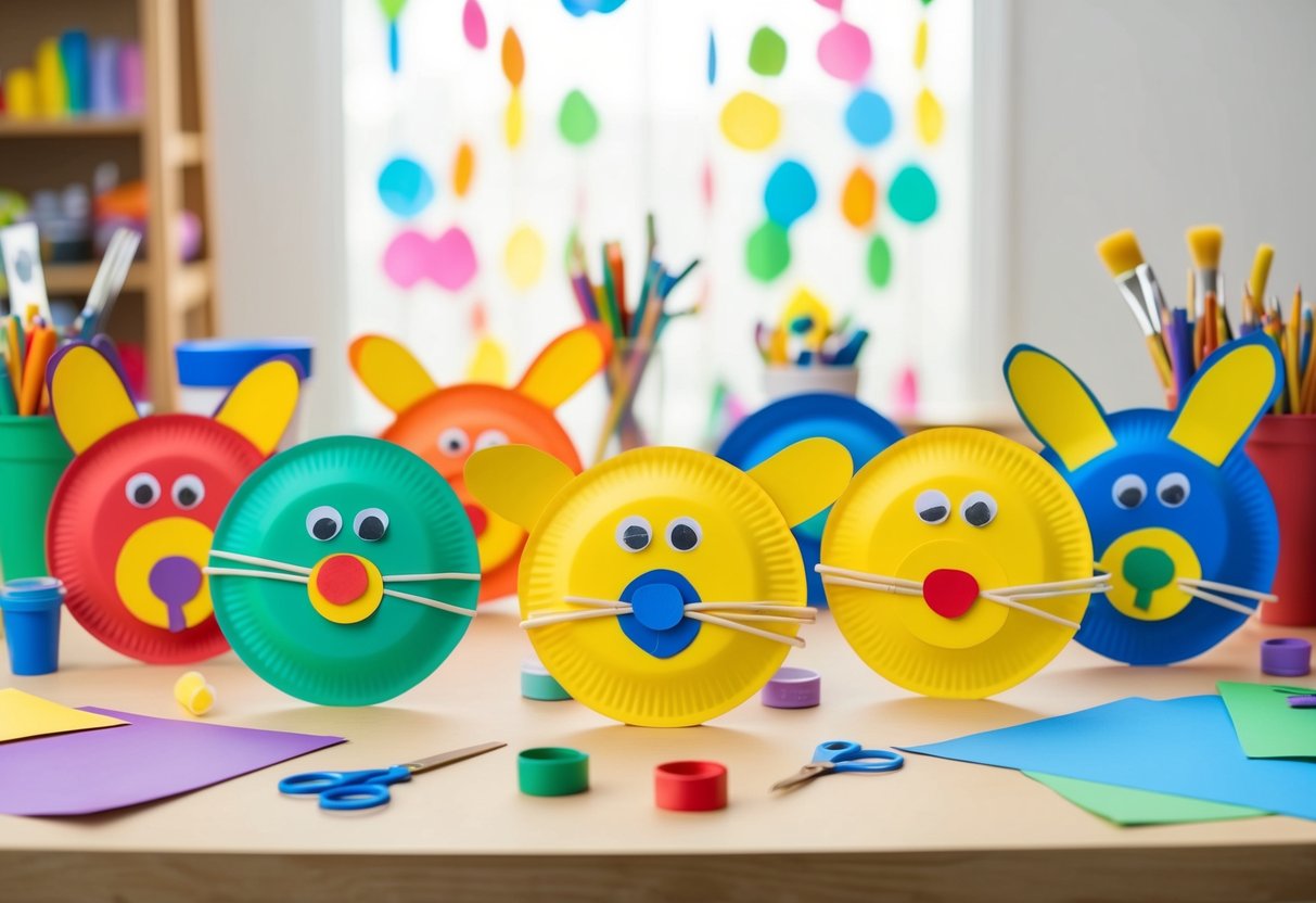 A group of colorful paper plate animals crafted with glue, scissors, and paint, displayed on a table surrounded by art supplies