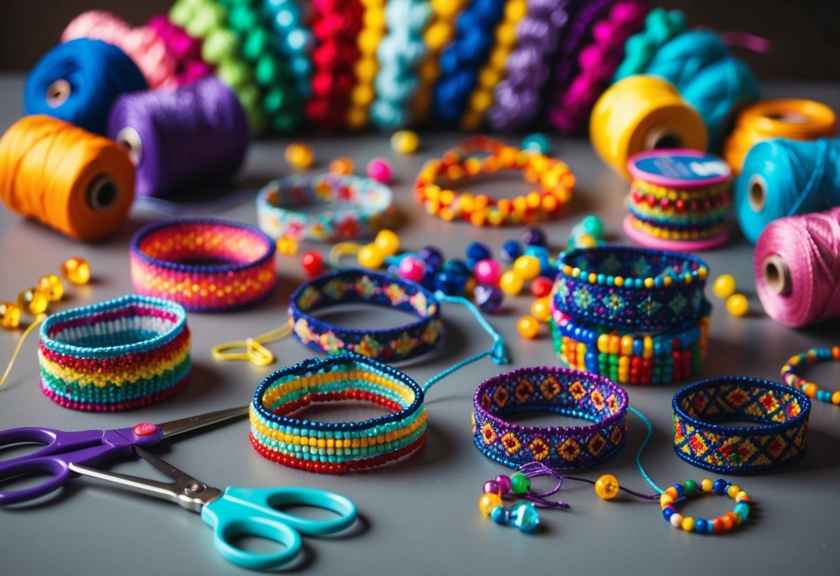 Colorful threads, beads, and scissors scattered on a table. A variety of friendship bracelets displayed in different patterns and designs