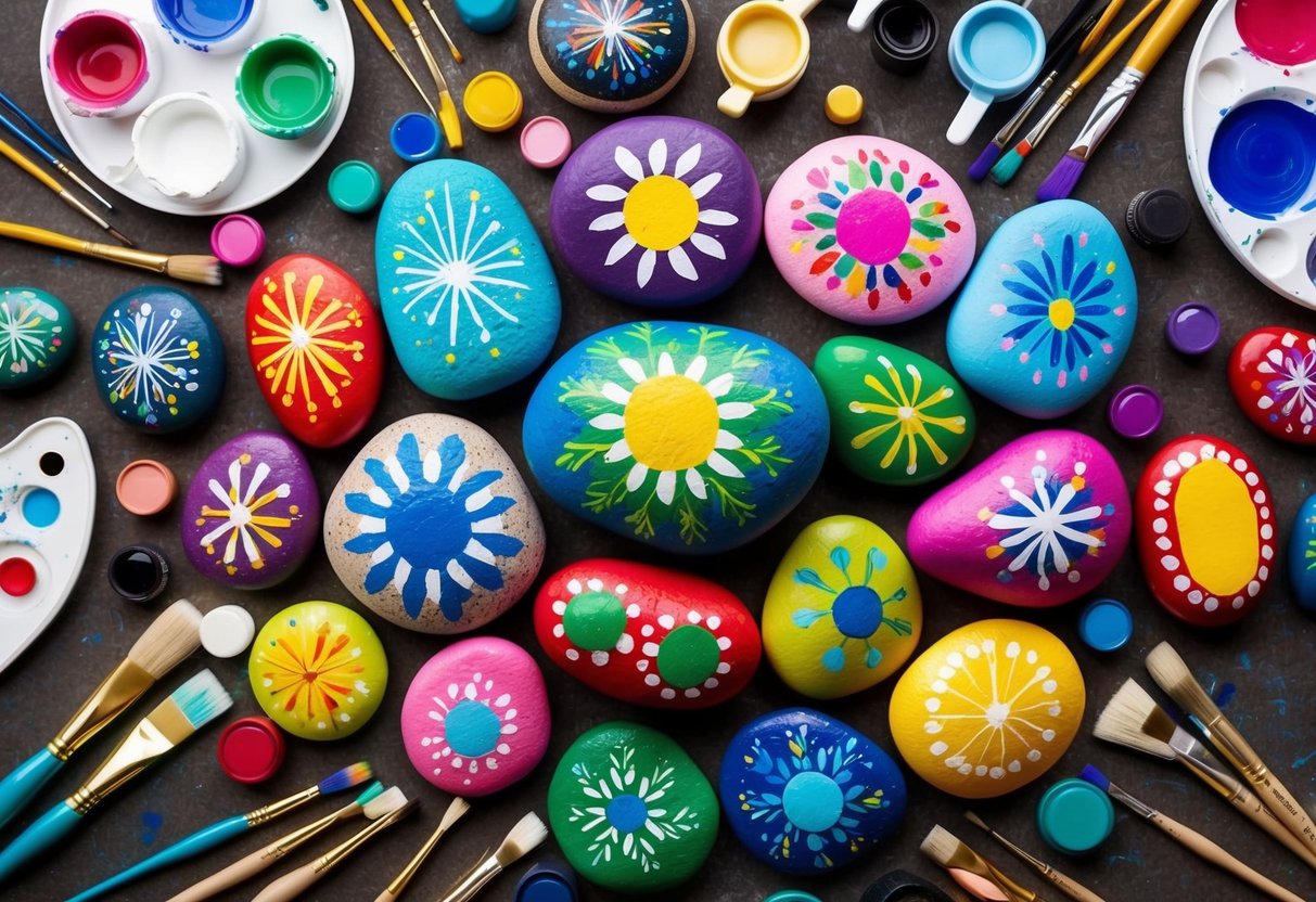 A group of colorful painted rocks arranged in a variety of fun and creative designs, surrounded by paintbrushes, paint palettes, and other crafting supplies