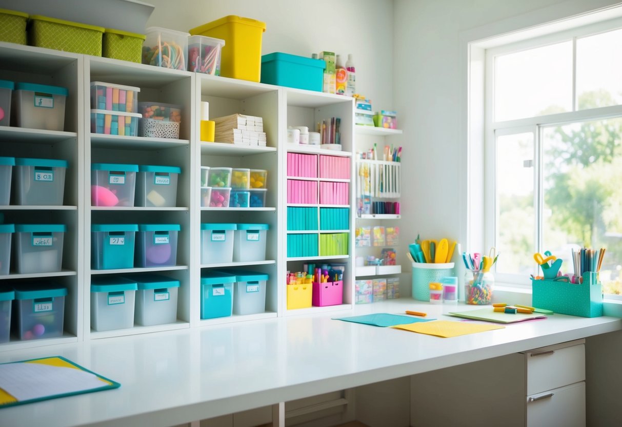 A bright, organized craft station with labeled storage bins, shelves filled with colorful supplies, a spacious work surface, and natural light streaming in through a nearby window