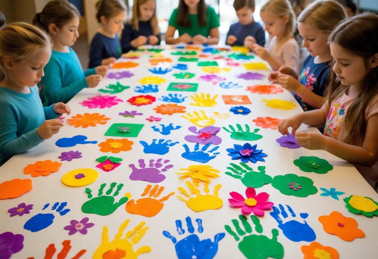 A colorful array of handprint animals, flowers, and shapes adorns a table, surrounded by eager crafters of all ages