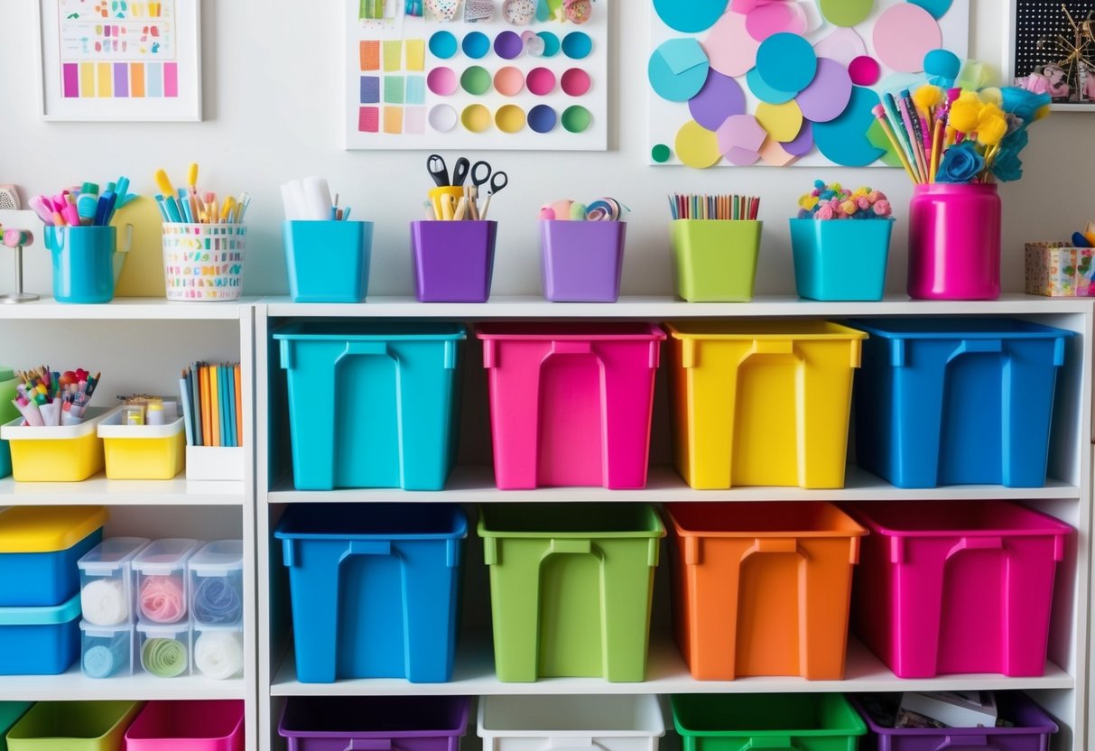 Colorful storage bins arranged neatly on shelves with art supplies organized around them in a bright and creative craft station at home
