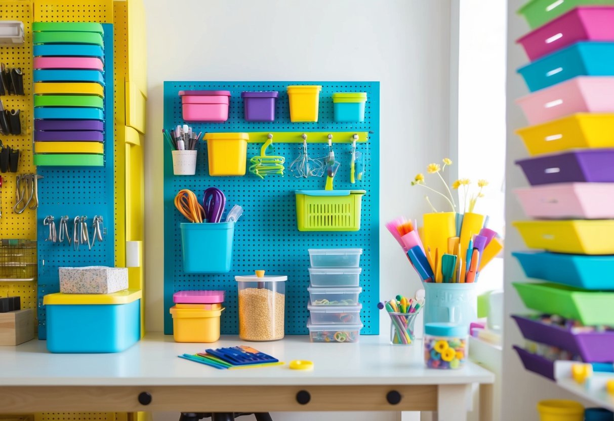 Colorful pegboards with various hooks and containers, displaying organized craft supplies in a bright and inviting home studio