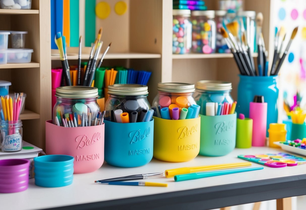 A colorful craft station with mason jar organizers filled with art supplies, paintbrushes, and markers. Shelves hold neatly arranged materials and tools