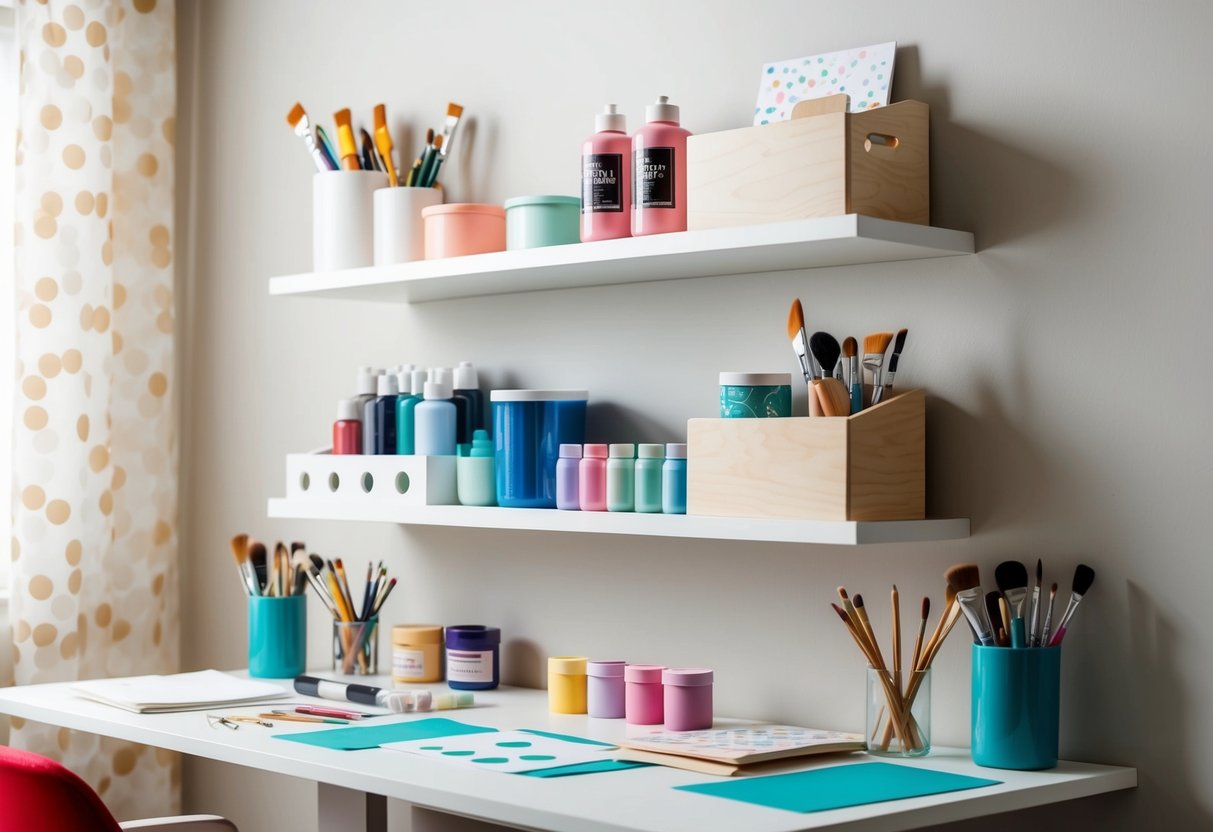 A well-organized craft station with floating shelves holding various supplies like paint, brushes, and paper