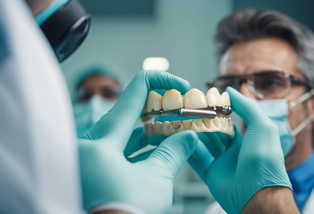 A dental implant being carefully placed into the jawbone by a dentist, surrounded by dental tools and equipment