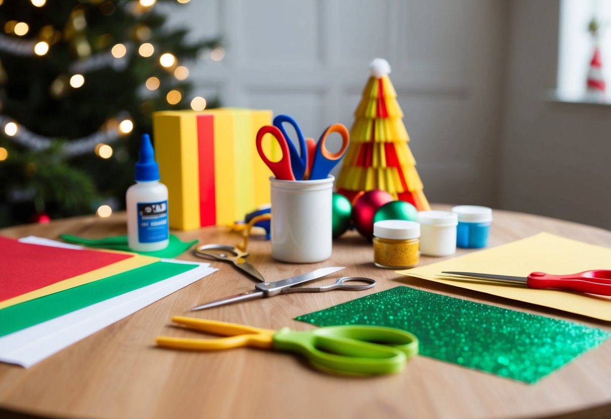 A table with supplies for holiday crafts: paper, scissors, glue, paint, and glitter. Bright, festive colors and patterns