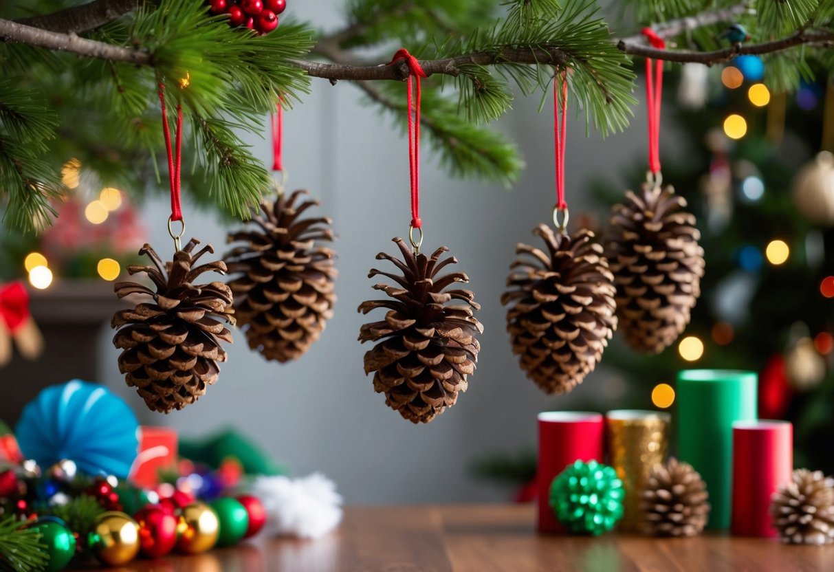 A group of pinecone bird feeders hanging from tree branches, surrounded by festive holiday decorations and colorful craft supplies