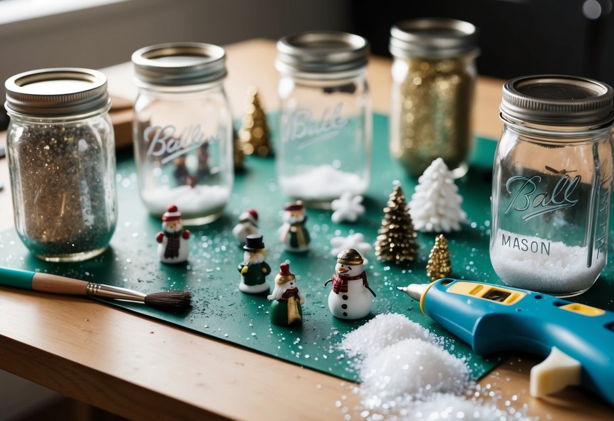 A table scattered with mason jars, glitter, miniature figurines, and fake snow. A glue gun and paintbrush lay nearby