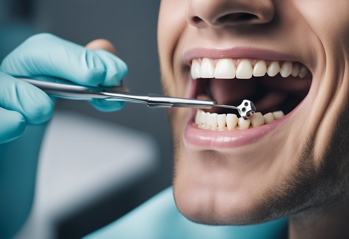 A dental implant being carefully placed into a patient's jawbone by a skilled dentist, with various tools and equipment surrounding the procedure