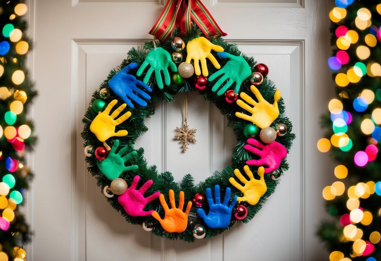 A wreath made of colorful handprints, adorned with festive decorations, hangs on a door