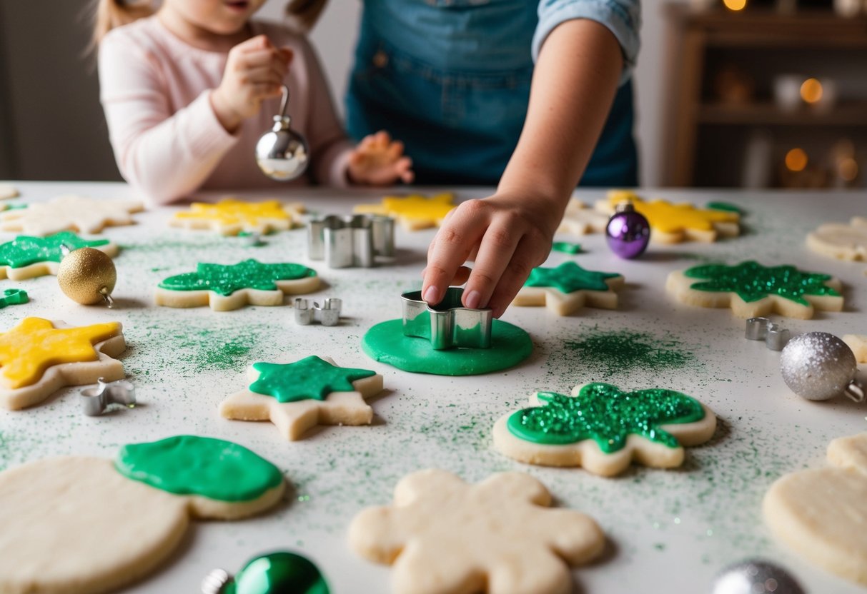 A table covered in salt dough ornaments, paint, and glitter. A child's hand reaches for a cookie cutter while an adult supervises