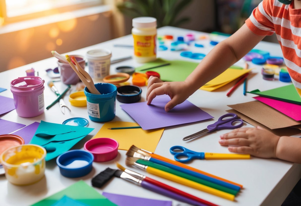 A colorful array of craft supplies scattered on a table, including paints, brushes, paper, glue, and scissors. A child's hands reaching for the materials with excitement