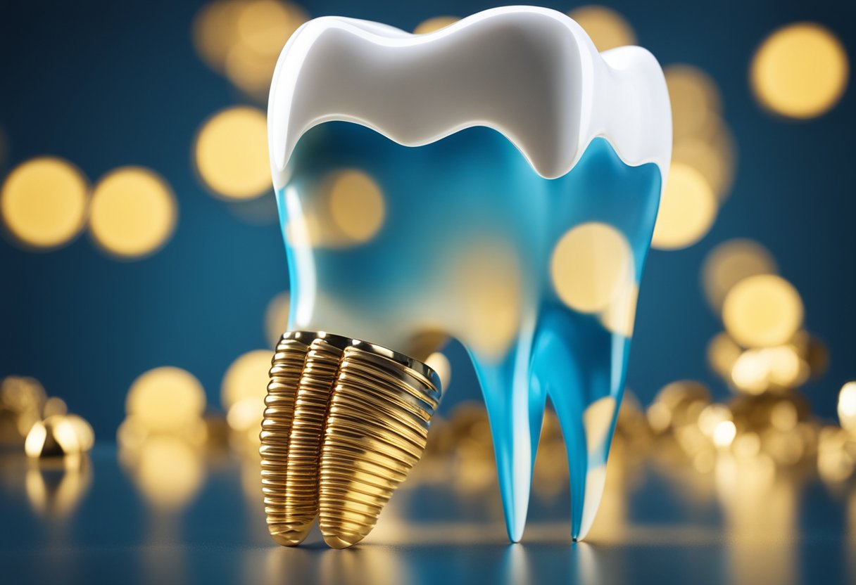 A smiling tooth with a golden implant against a blue background