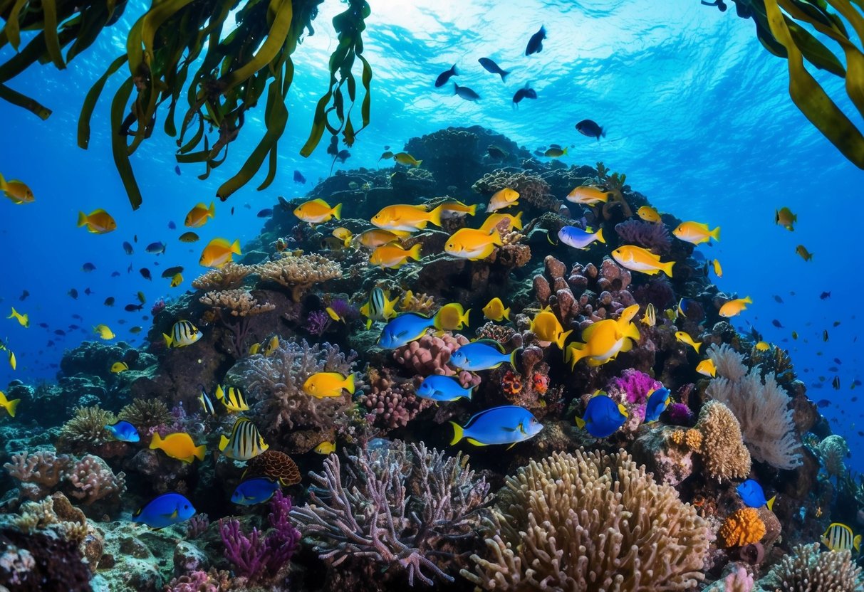 A colorful coral reef teeming with vibrant fish and sea creatures, surrounded by crystal-clear blue water and swaying seaweed