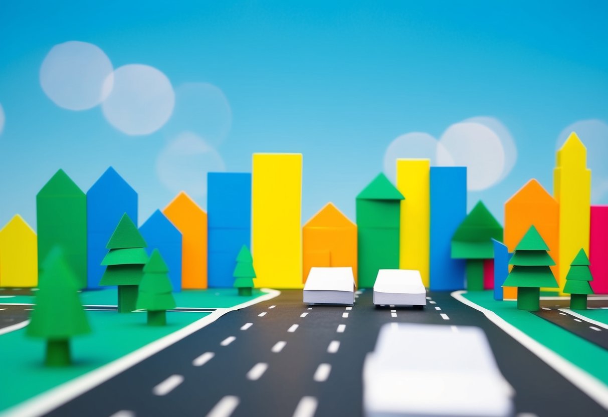 A colorful cityscape made of construction paper buildings, with roads, cars, and trees, set against a bright blue sky