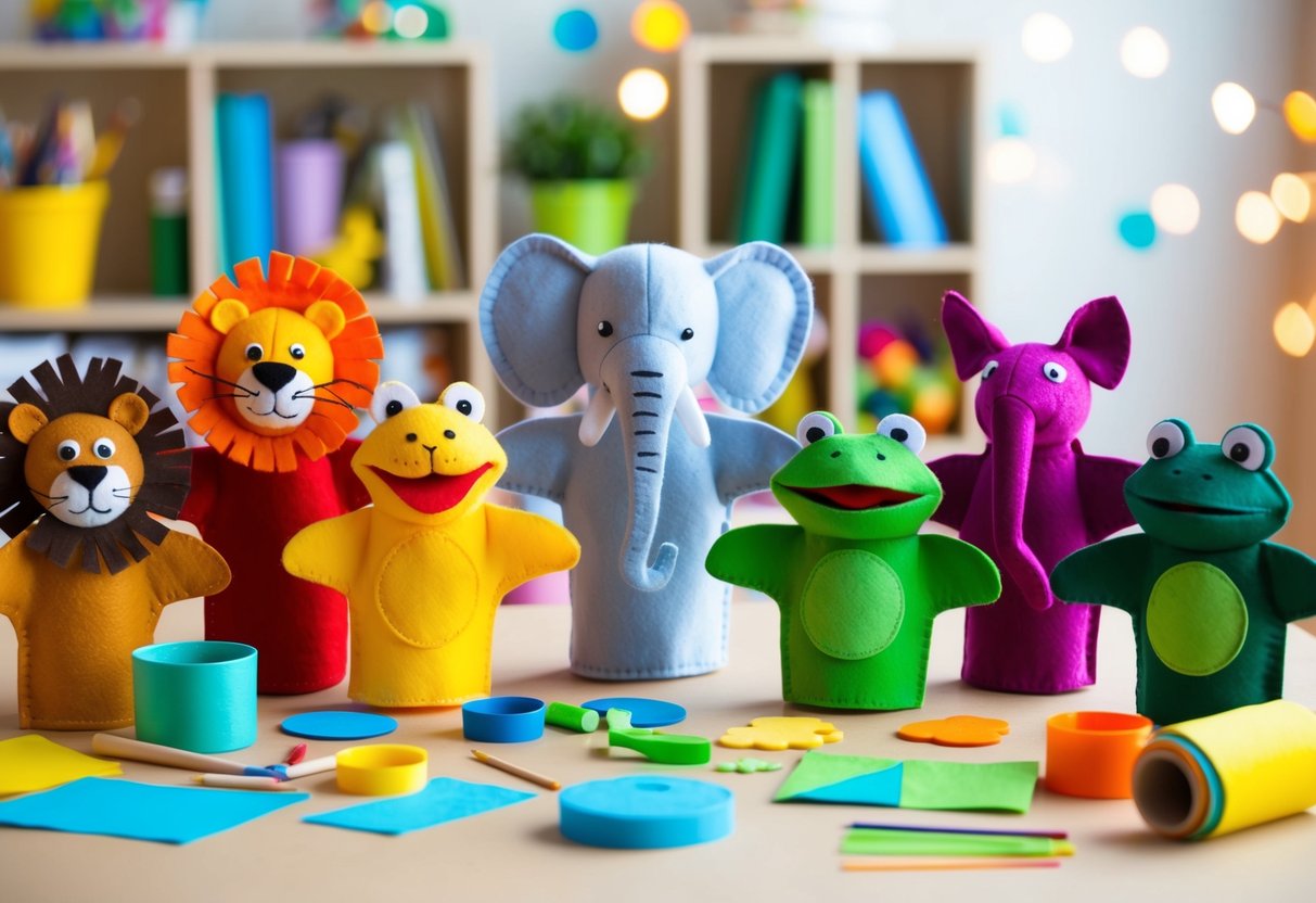 A colorful array of animal felt puppets, including a lion, elephant, and frog, arranged on a table with craft supplies scattered around