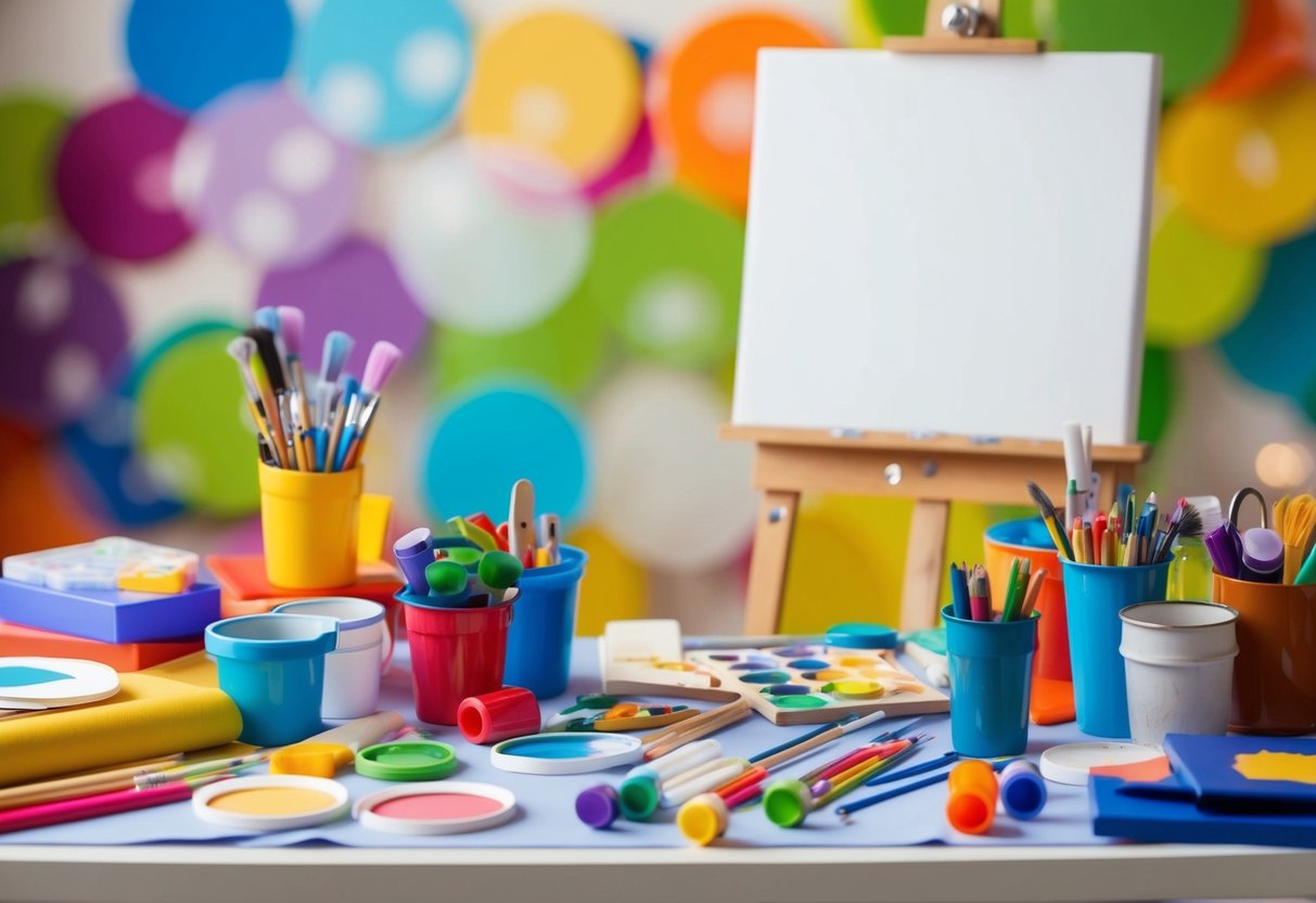 A colorful array of art supplies scattered across a table, with a child-sized chair pulled up and a blank canvas waiting to be filled