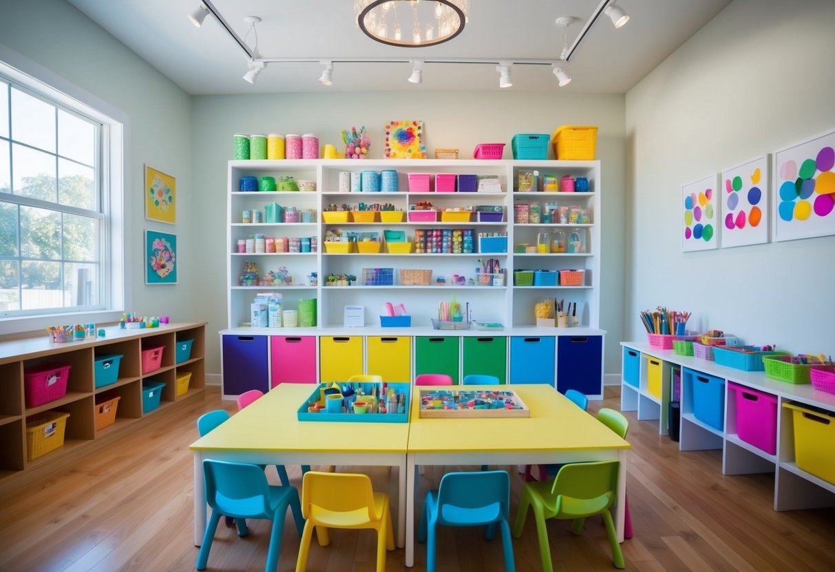 A bright, organized craft space with shelves of colorful supplies, a large table for projects, and child-sized chairs. Artwork adorns the walls, and natural light floods the room