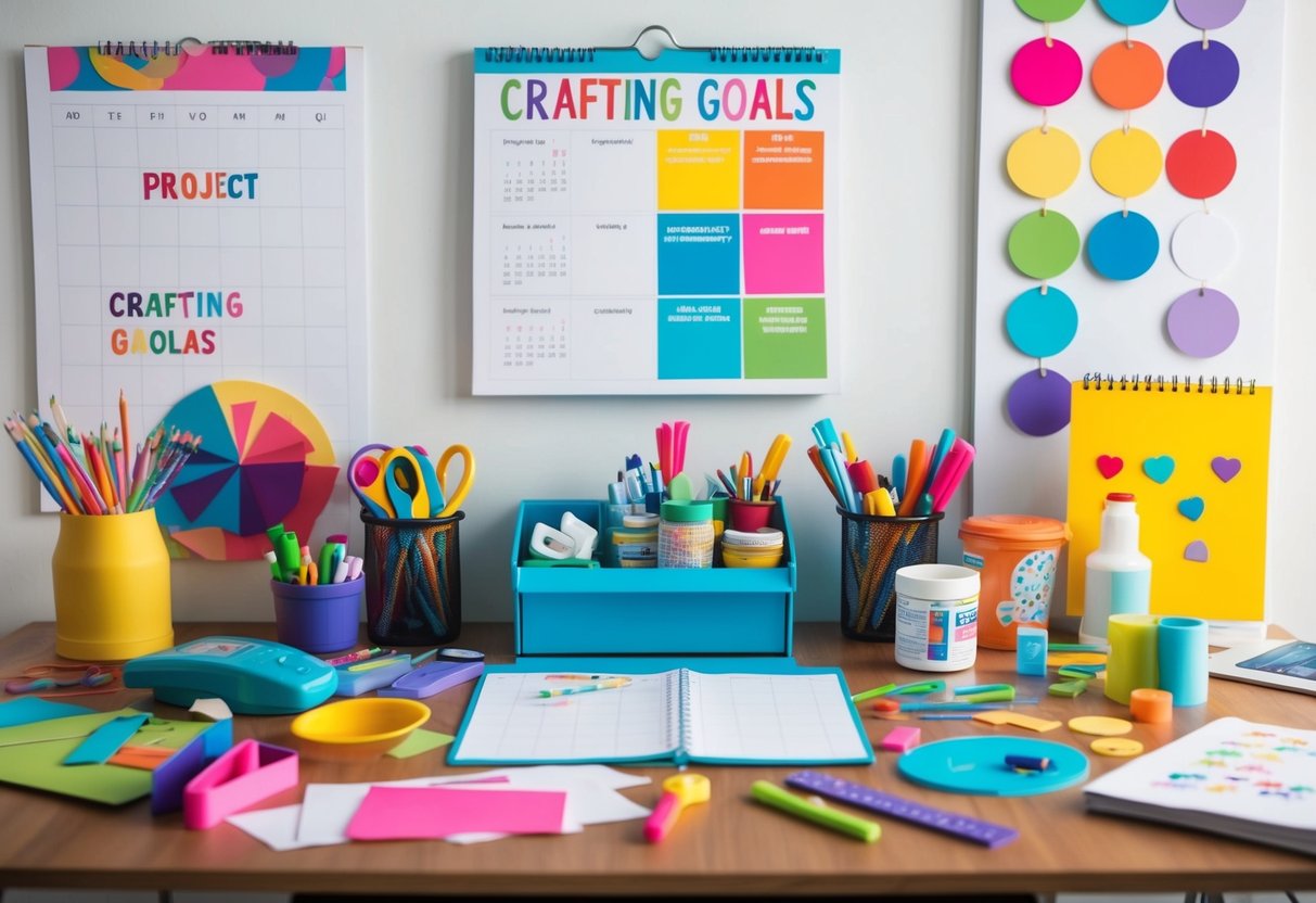 A child's desk cluttered with colorful craft supplies, surrounded by finished projects and a calendar marked with crafting goals