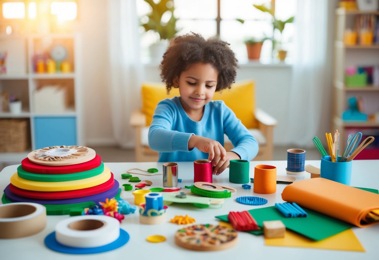 A child surrounded by various craft materials, confidently choosing and arranging supplies to create their own unique project