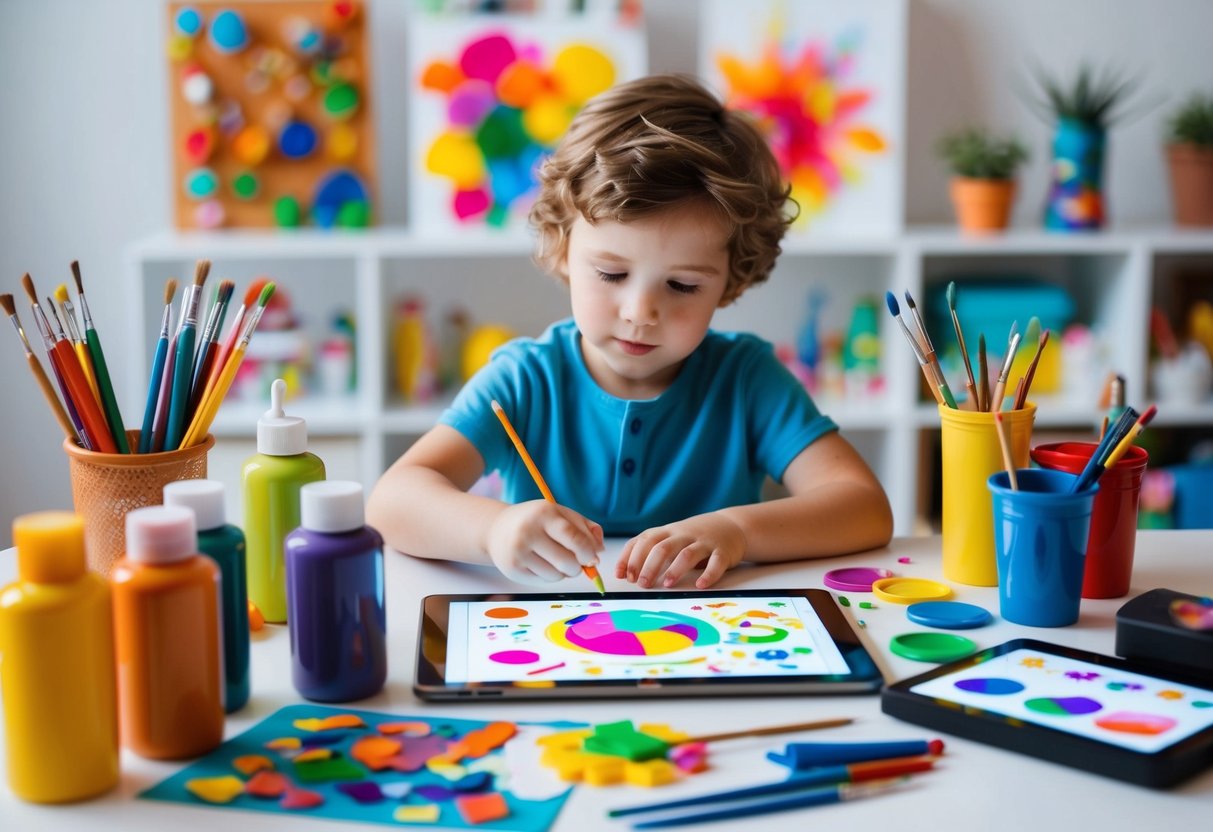 A child surrounded by various art supplies, drawing, painting, and creating digital art on a tablet with colorful and imaginative designs