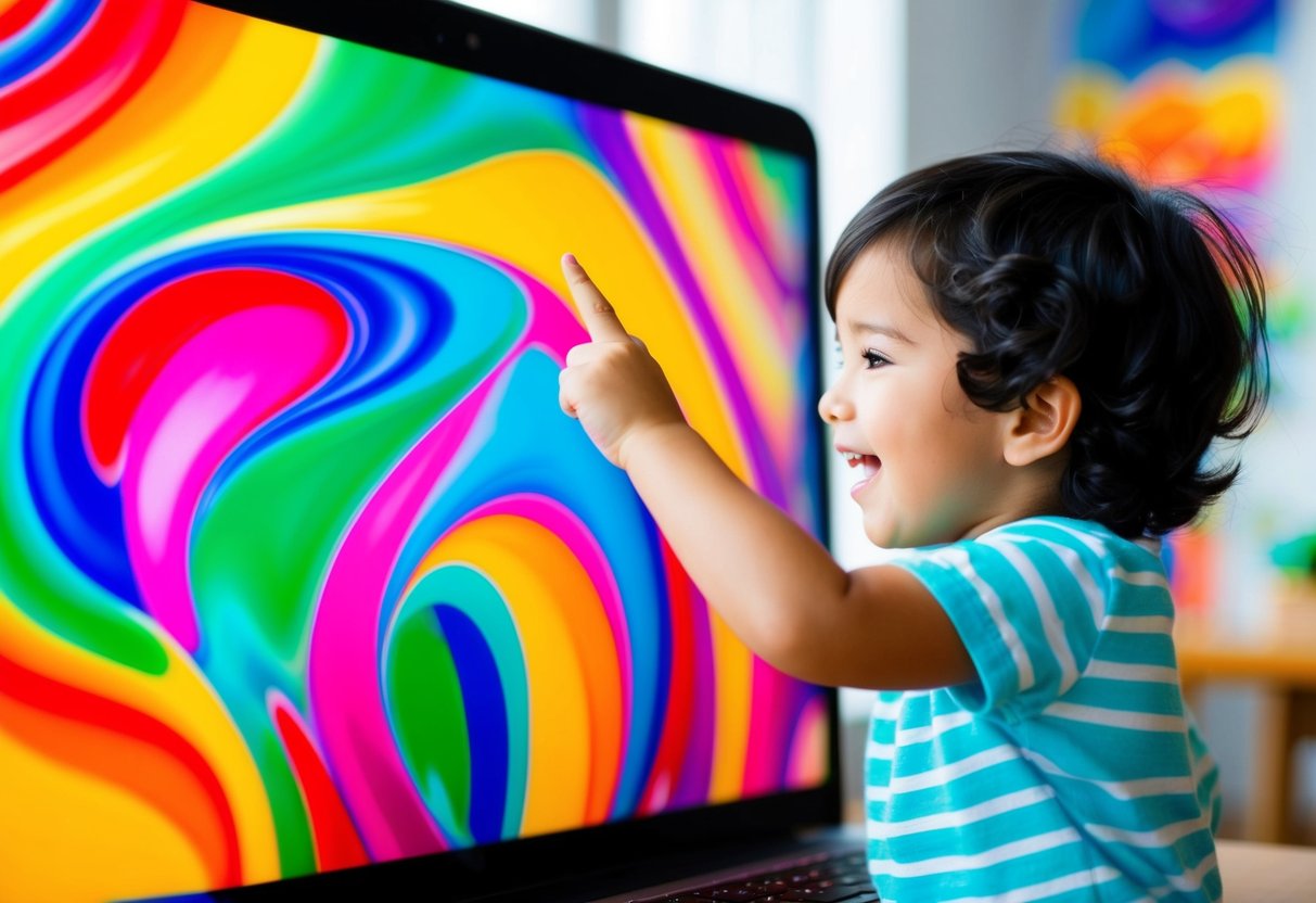 Vibrant colors swirl on a digital canvas as a child gleefully uses their fingers to create playful and imaginative artwork