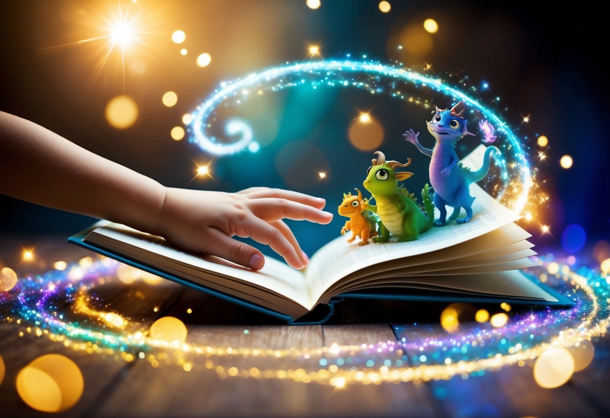 A child's hands reaching out to touch a magical book, surrounded by swirling colors and sparkles, with fantastical creatures emerging from the pages