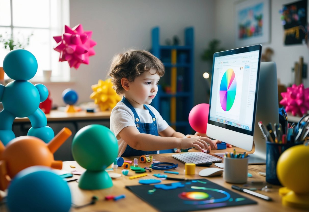 A child surrounded by colorful 3D models, creating digital art on a computer with various tools and materials scattered around the workspace