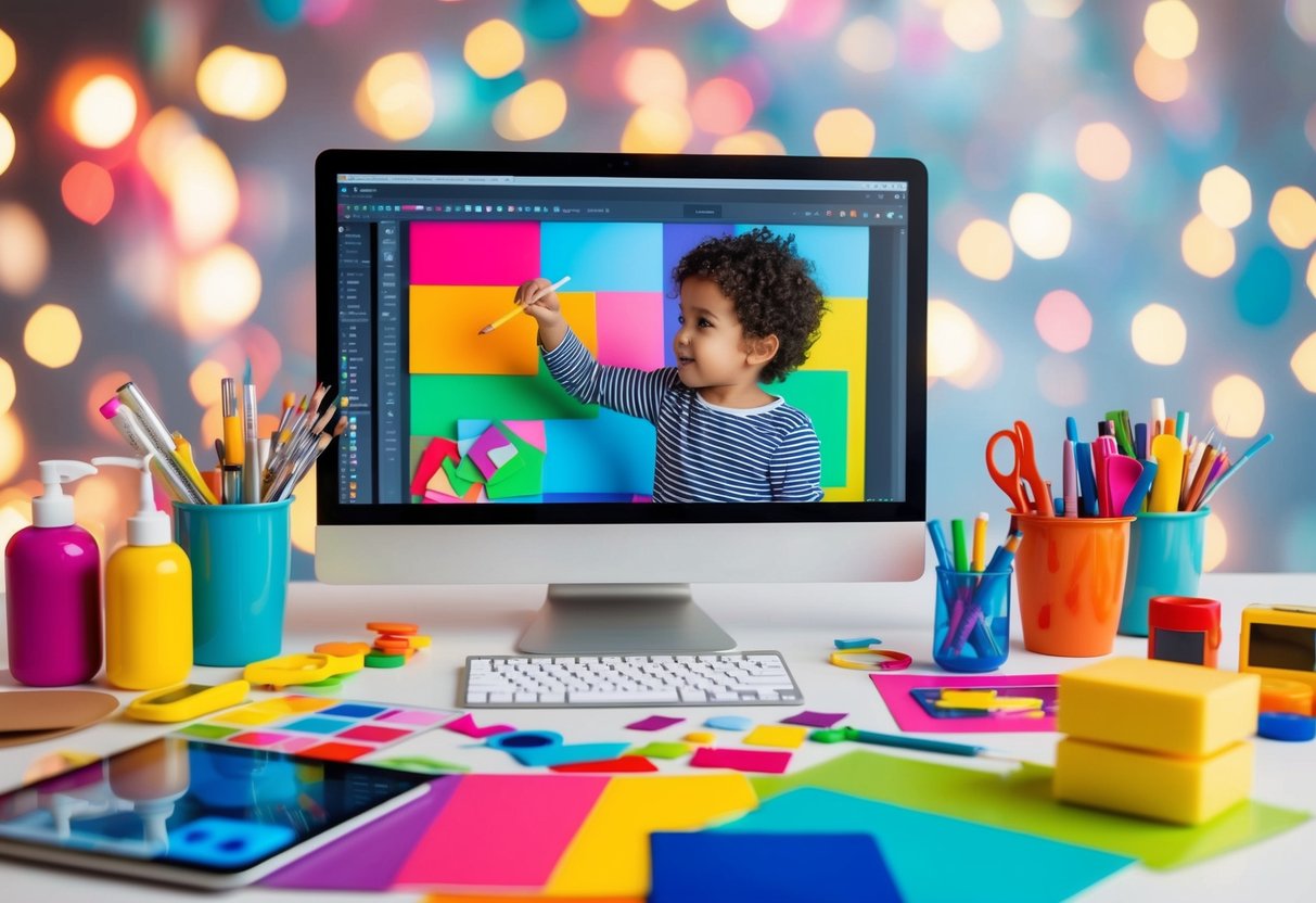A child surrounded by colorful digital art supplies, creating vibrant collages on a computer screen