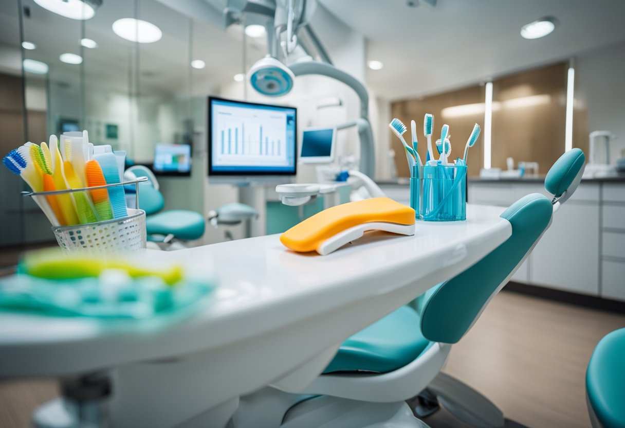 A dental health center with colorful toothbrushes, floss, and educational posters on oral hygiene. A dentist chair and dental tools are also present