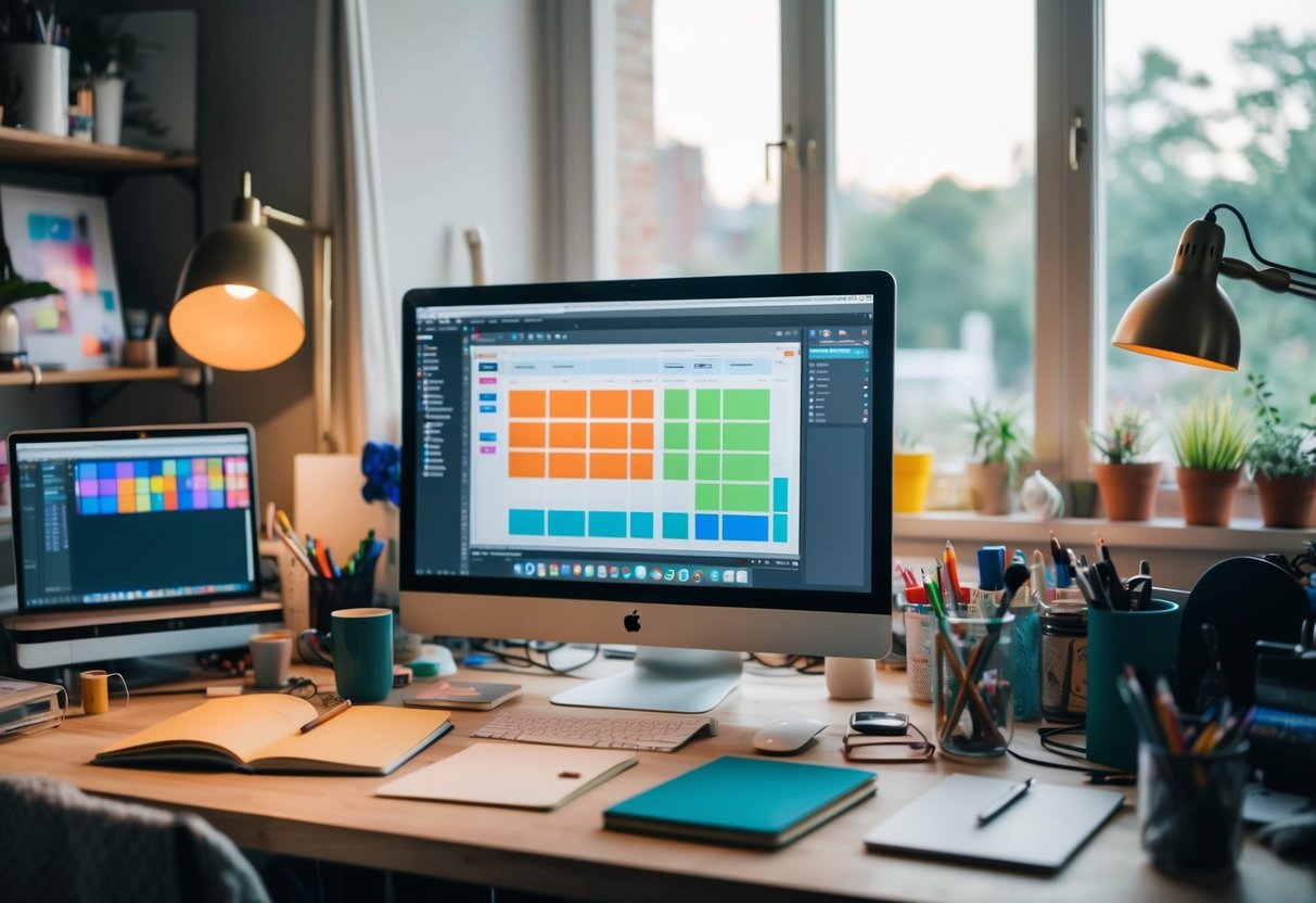 A cozy, cluttered workspace with a computer, notebook, and various art supplies. A window lets in natural light, and a colorful digital storyboard is displayed on the screen