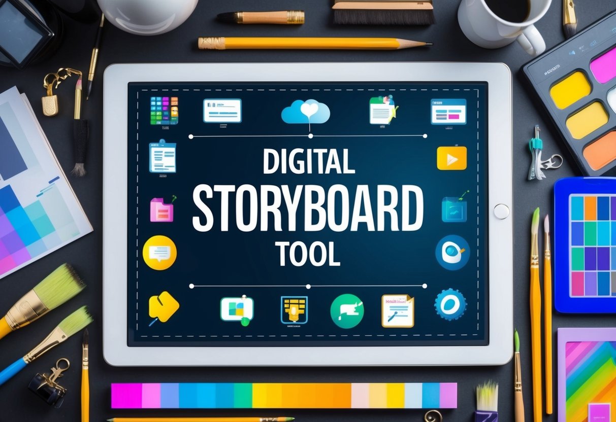 A digital storyboard tool surrounded by creative elements like pencils, paintbrushes, and colorful digital icons