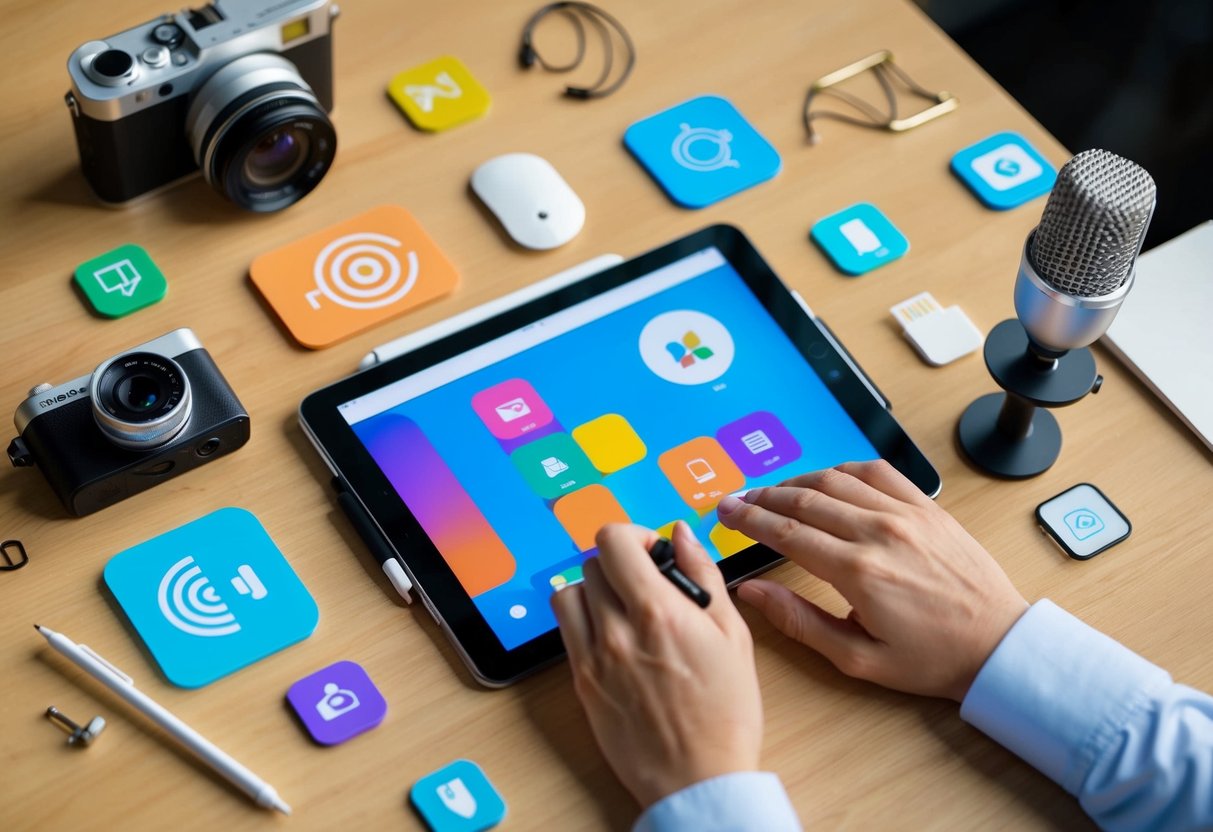 A digital tablet surrounded by colorful icons, a stylus, a microphone, a camera, and various digital media tools