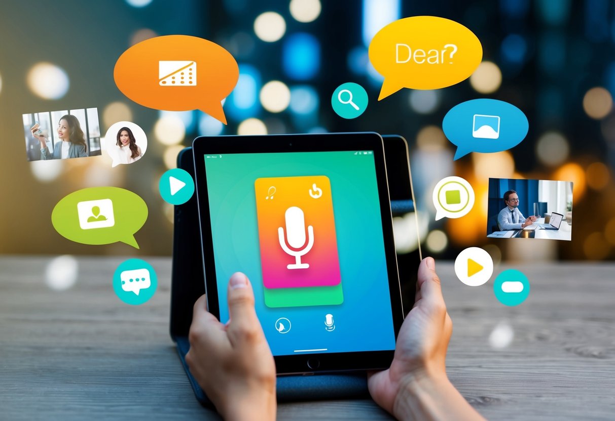 A tablet with voice recording app open, surrounded by colorful digital storytelling elements like images, icons, and speech bubbles