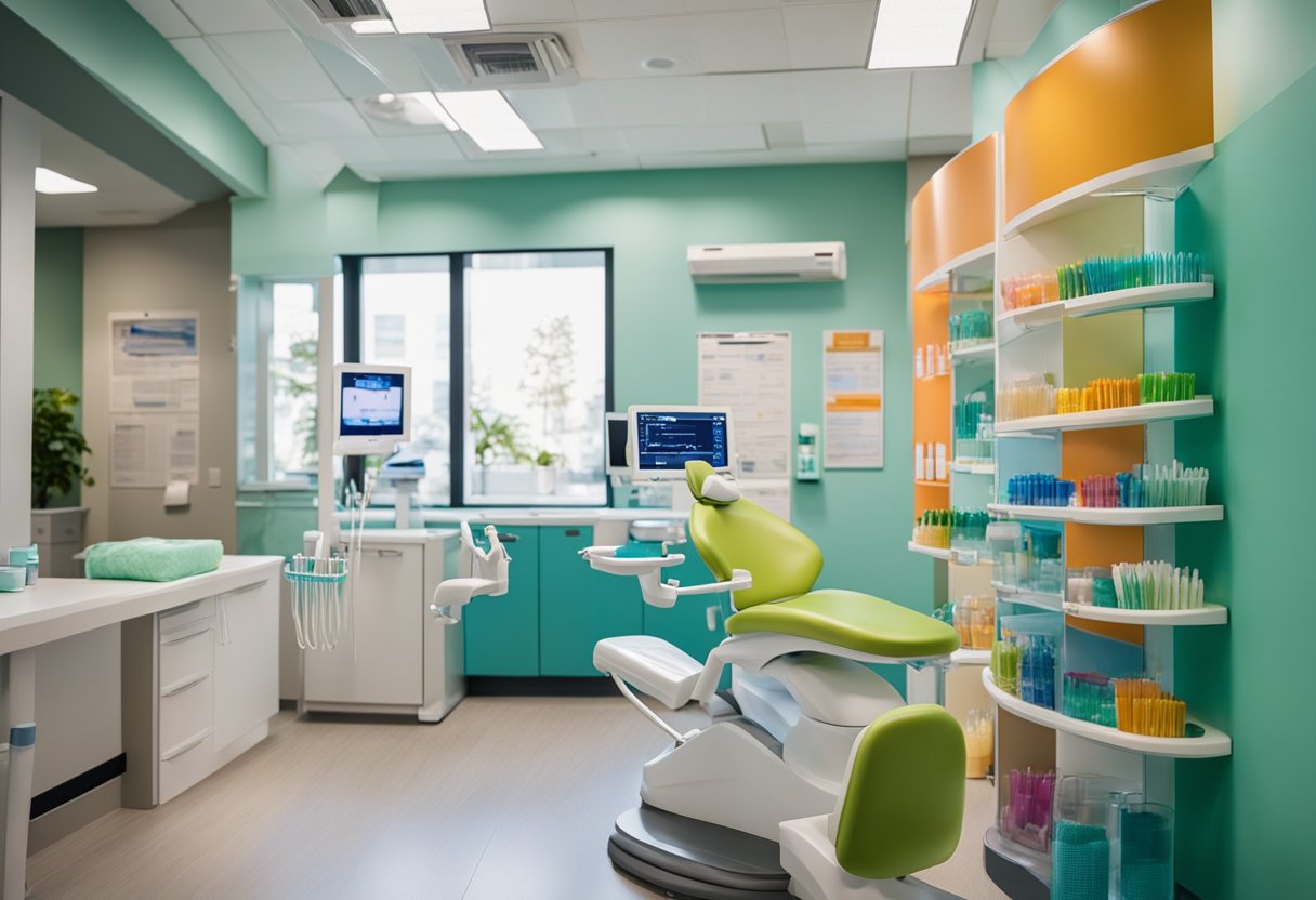 A colorful dental health center with toothbrushes, floss, and educational posters. Tables set up for dental health activities and tools displayed for learning