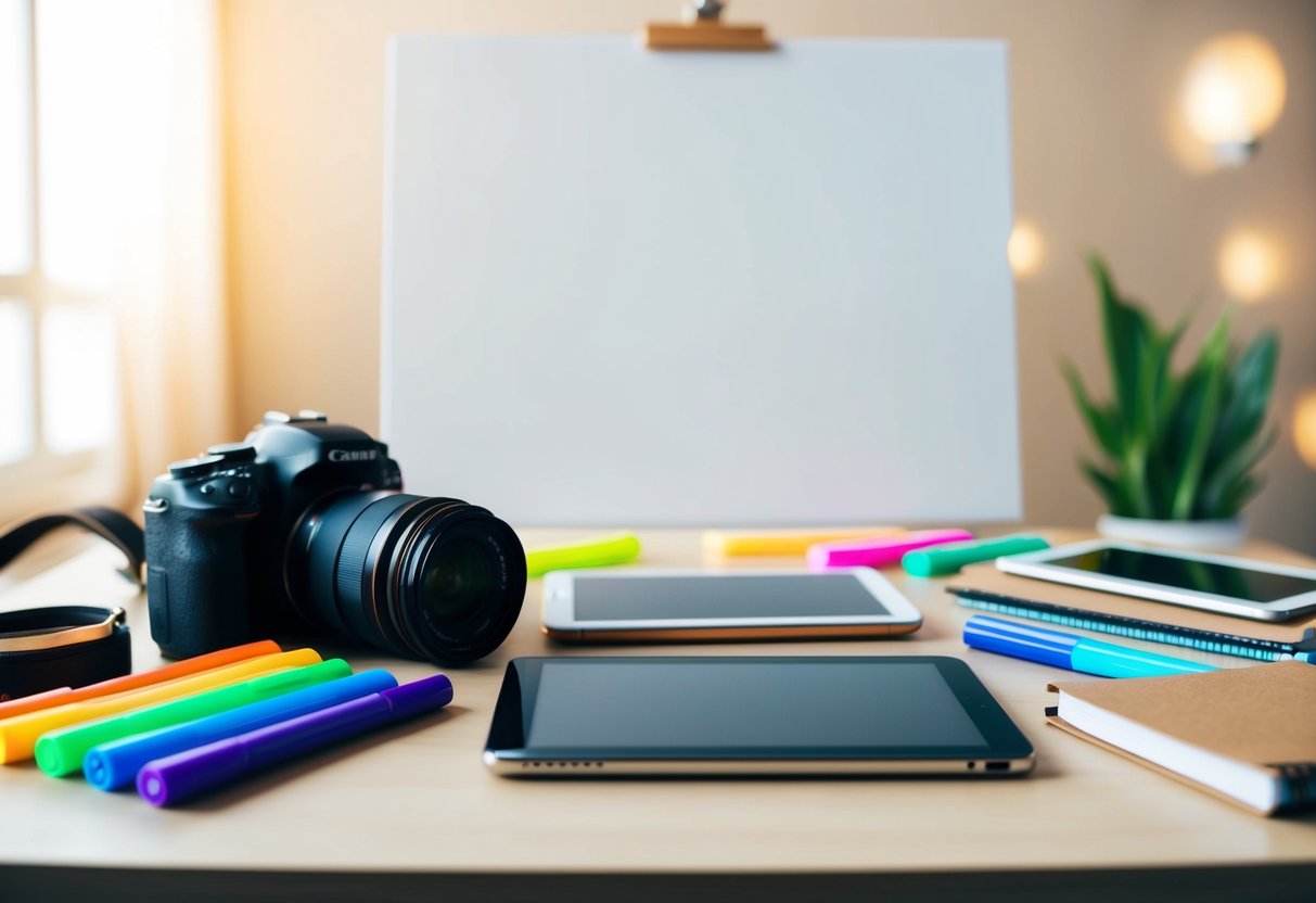 A group of diverse objects, such as a camera, tablet, notebook, and colorful markers, arranged on a desk with soft lighting and a blank canvas in the background