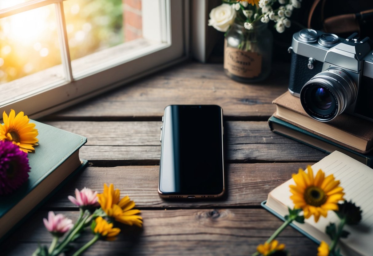 A smartphone placed on a rustic wooden table, surrounded by various photography props such as flowers, books, and vintage cameras. Natural light streaming in from a nearby window