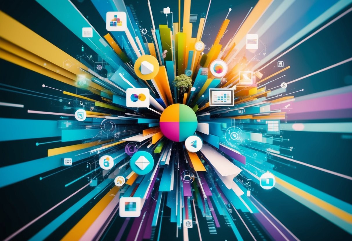 A colorful explosion of digital elements, including geometric shapes, abstract patterns, nature imagery, and technology icons, merging and overlapping in a dynamic composition
