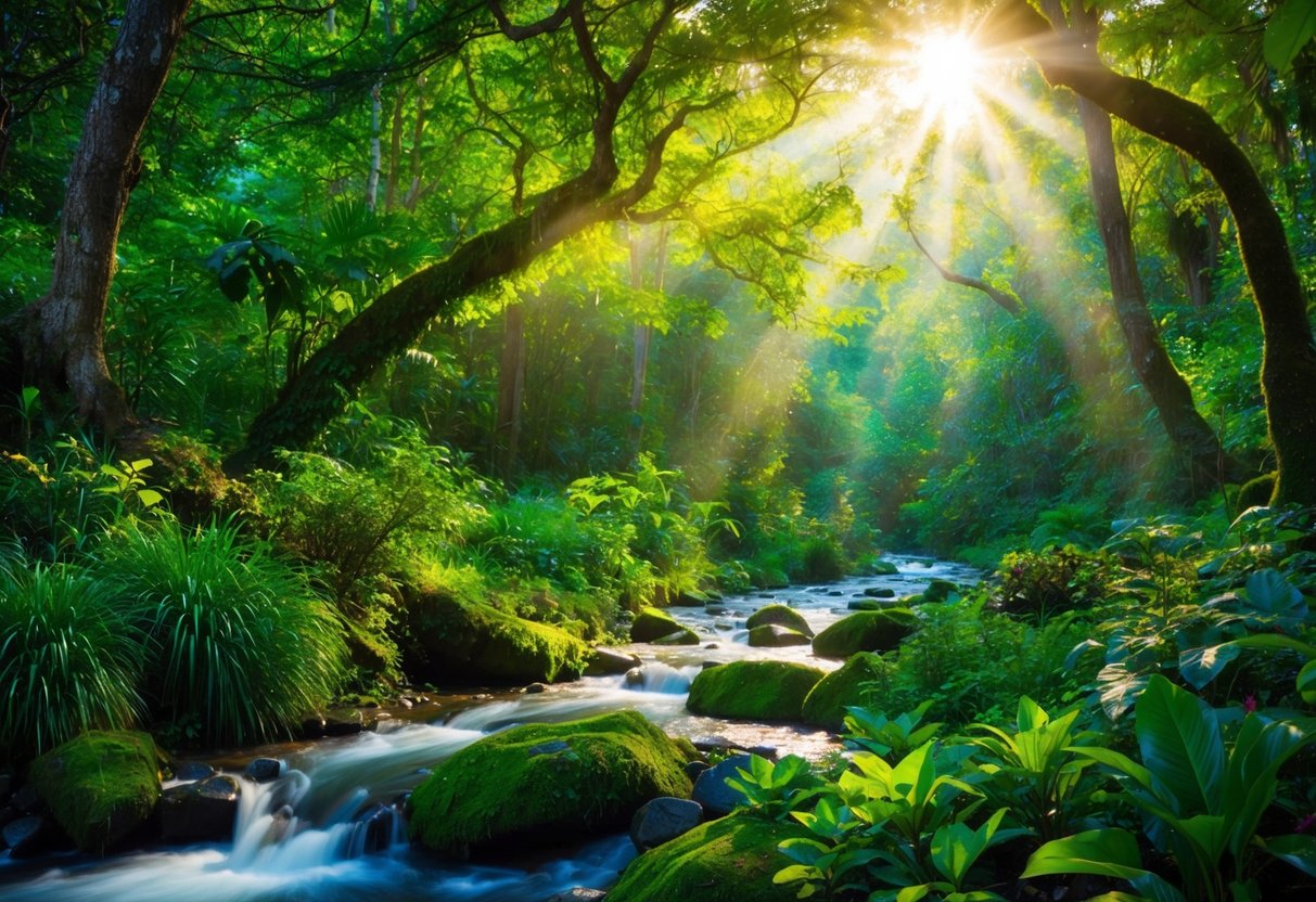 A lush forest with vibrant leaves, flowing streams, and diverse wildlife. Sunlight filters through the canopy, creating a magical, nature-inspired setting for a digital collage