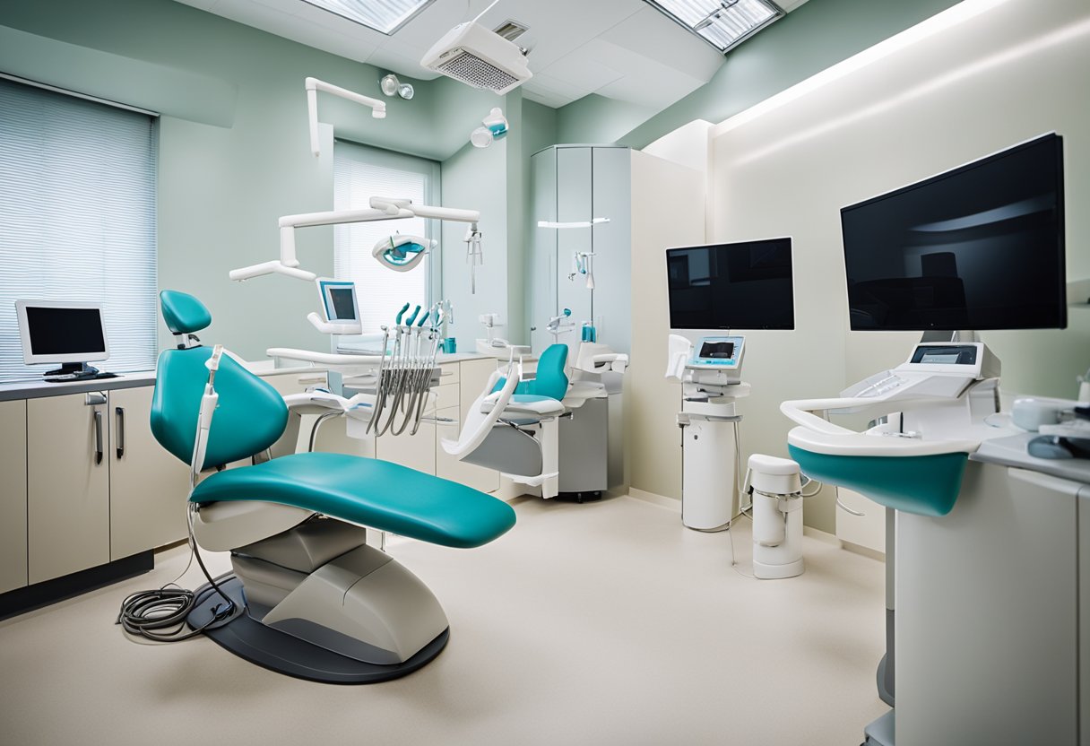 A modern dental clinic with bright, clean interiors, dental chairs, equipment, and friendly staff assisting patients