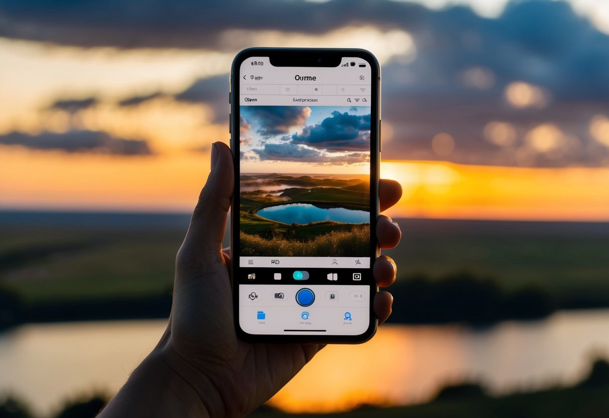 A smartphone with a camera app open, positioned in front of a scenic golden hour landscape with soft, warm light and interesting shadows