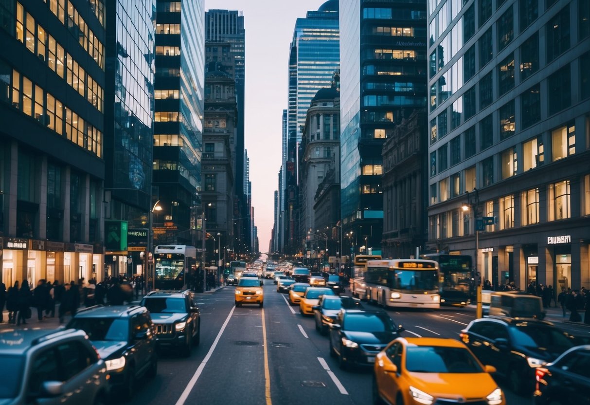 A bustling city street with contrasting light and shadows, capturing the dynamic energy of urban life