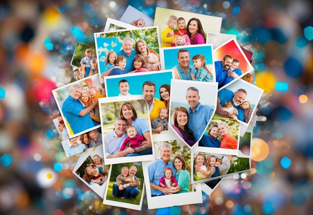 A colorful collage of family photos, overlapping and blending together in a dynamic and creative composition